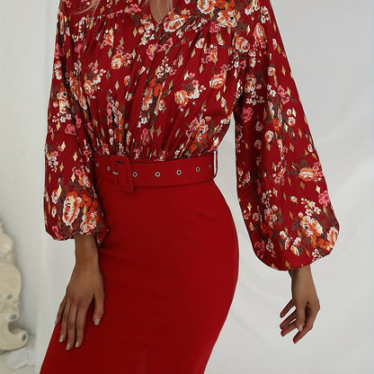 gbolsos  Floral Print Belt Dress, Elegant Keyhole Neckline Puff Long Sleeve Bodycon Dress For Spring & Fall, Women's Clothing
