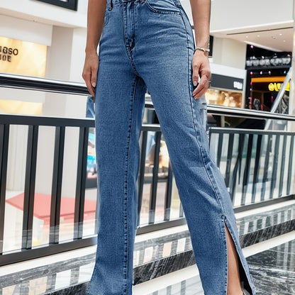 gbolsos  Blue Split Side Denim Pants, Slash Pockets High Waist Versatile Straight Jeans, Women's Denim Jeans & Clothing