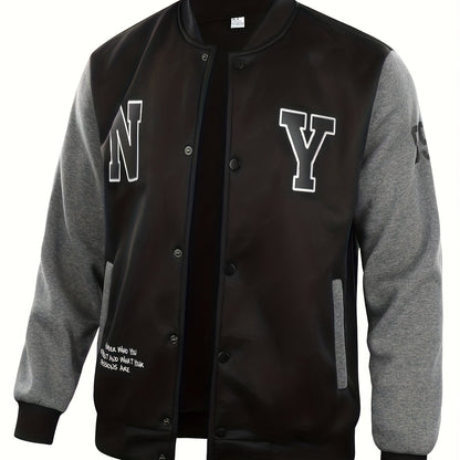 gbolsos  NY Print Varsity Jacket, Men's Casual Slightly Stretchy Baseball Jacket Contrast Colors Stitching Coat Regular Fit College Hipster Windbreaker For Spring Autumn