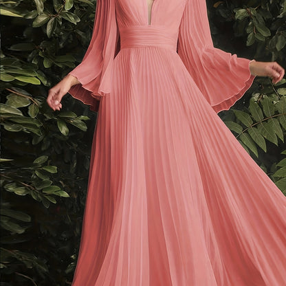 gbolsos  Plus Size Solid Pleated Bridesmaid Dress, Elegant V-neck Flare Sleeve Maxi Dress For Wedding Party, Women's Plus Size Clothing
