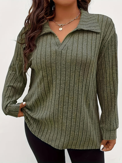 Plus Size Solid Ribbed T-Shirt, Casual Lapel Long Sleeve T-Shirt, Women's Plus Size Clothing