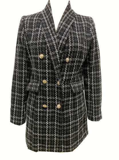 gbolsos  Plaid Pattern Double Breasted Jacket, Casual Long Sleeve Open Front Outerwear, Women's Clothing