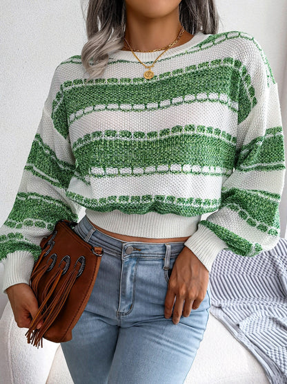 2025 gbolsos  Women's Sweaters Lantern Sleeve Striped Crew Neck Color Block Pullovers