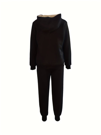gbolsos  Drawstring Casual Two-piece Set, Zip Up Long Sleeve Hooded Tops & Long Length Jogger Pants Outfits, Women's Clothing