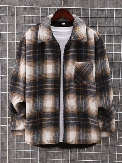 gbolsos  Men's Plaid Retro Jacket, Casual Lapel Chest Pocket Shirt Jacket For Fall Winter