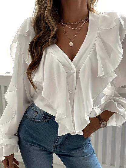 gbolsos  Ruffle Trim Solid Blouse, Sexy V Neck Button Front Long Sleeve Blouse, Women's Clothing