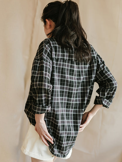 gbolsos  Plaid Drop Shoulder Shirt, Casual Patched Pocket Loose Shirt For Spring & Fall, Women's Clothing