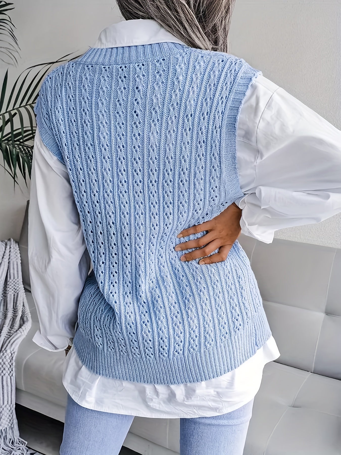 gbolsos   Plus Size Casual Sweater Vest, Women's Plus Solid V Neck High Stretch Knitted Sweater Vest
