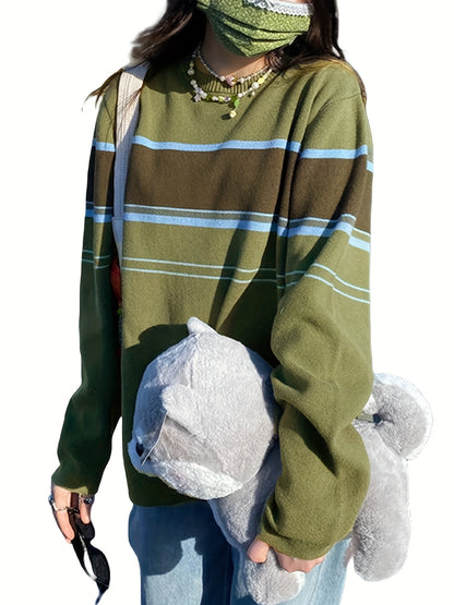 gbolsos  Striped Print Knit Sweater, Casual Crew Neck Long Sleeve Sweater, Women's Clothing