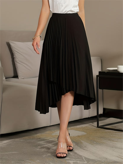 Solid Pleated Skirts, Elegant Asymmetrical High Waist A Line Skirts, Women's Clothing