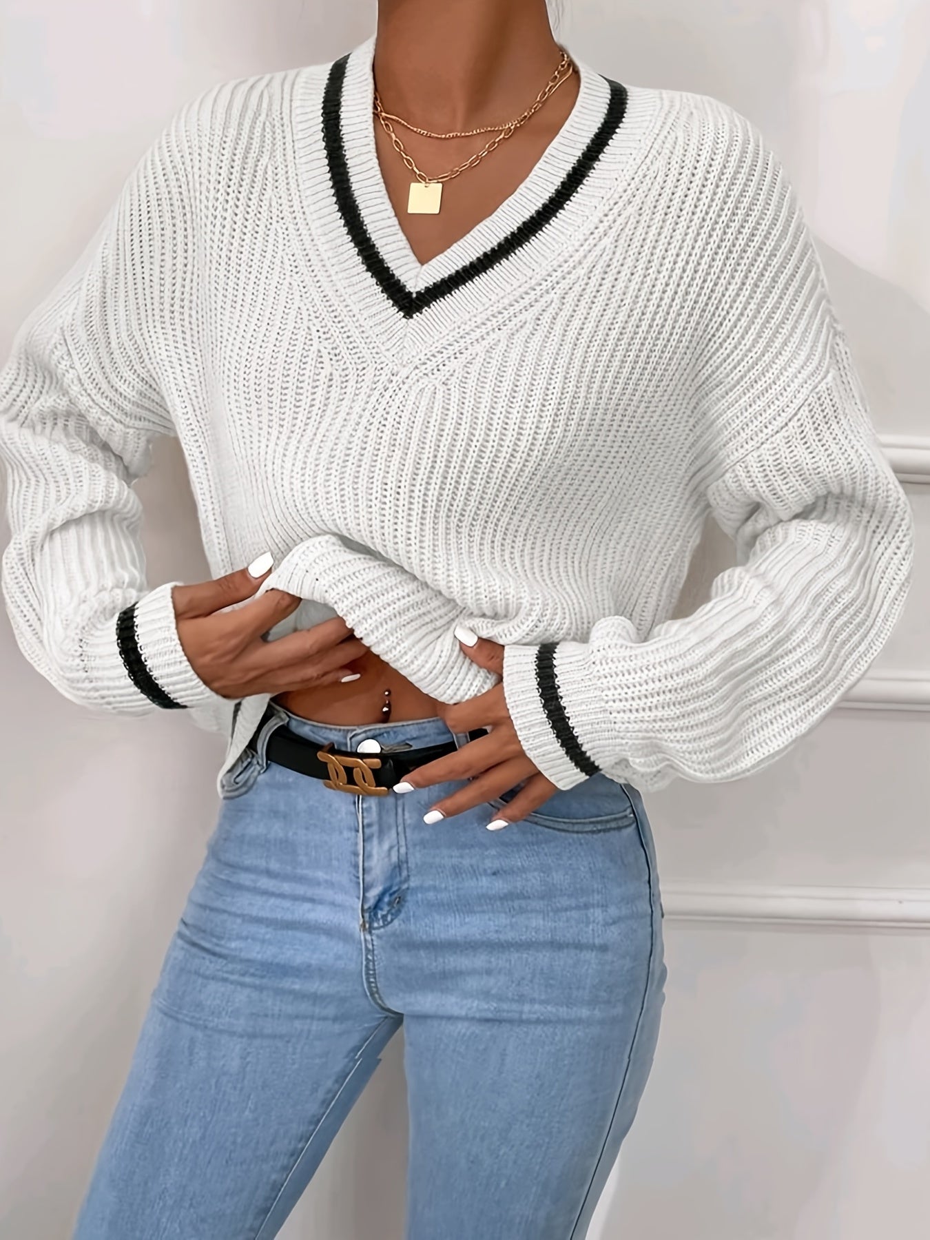Striped Print Knit Sweater, Casual V Neck Long Sleeve Sweater, Women's Clothing