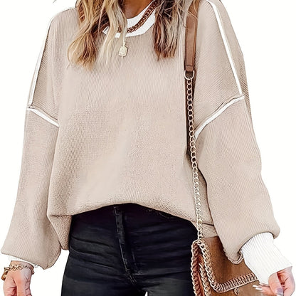 2025 gbolsos  Top Stitching Crew Neck Sweater, Vintage Long Sleeve Sweater For Fall & Winter, Women's Clothing