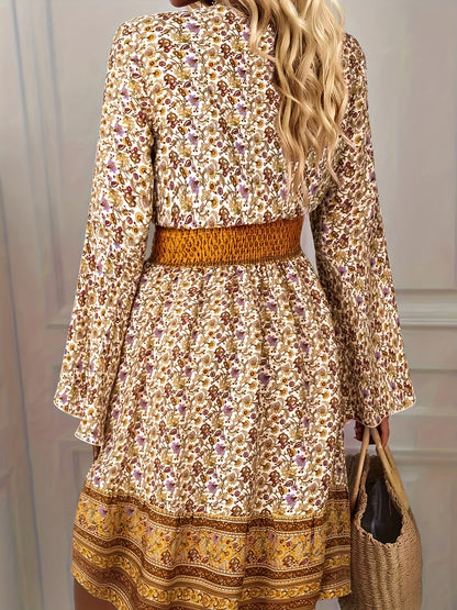 gbolsos  Floral Print Flared Sleeve Dress, Boho V Neck Midi Dress, Women's Clothing