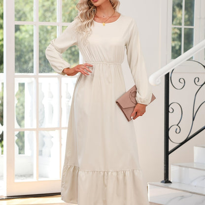 gbolsos  Elegant Crew Neck Draped Extra-long Dress, Casual Long Sleeve Solid Elastic Waist Ruffle Hem Party Long Dresses, Women's Clothing