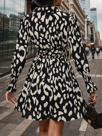 gbolsos  Leopard Print Shirred Waist Dress, Casual Long Sleeve Button Front Dress, Women's Clothing