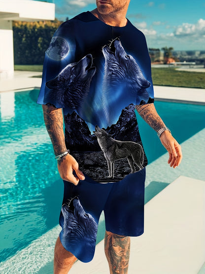 gbolsos   3D Wolf Pattern Print, Men's 2Pcs Outfits, Casual Crew Neck Short Sleeve T-shirt And Drawstring Shorts Set For Summer, Men's Clothing Loungewear
