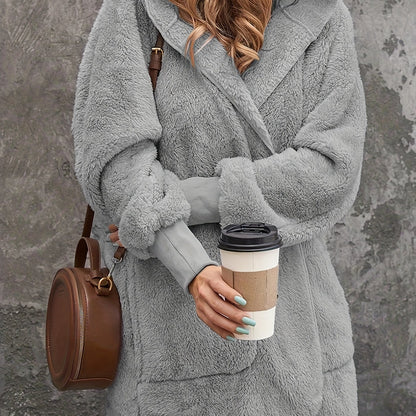 Plus Size Casual Faux Fur Coat, Women's Plus Solid Teddy Fleece Long Sleeve Open Front Hooded Tunic Coat