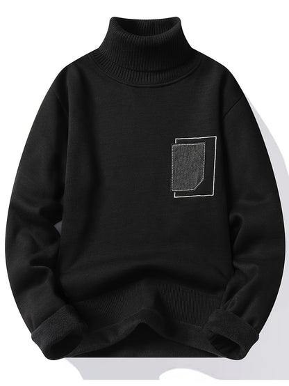 gbolsos  Turtle Neck Knitted Sweater, Men's Casual Warm Solid Slightly Stretch Pullover Sweater For Fall Winter