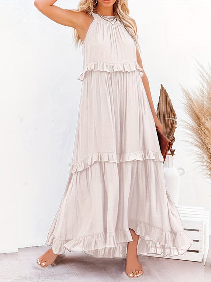 gbolsos  Tiered Ankle Tank Dress, Casual Backless Halter Neck Dress For Summer, Women's Clothing