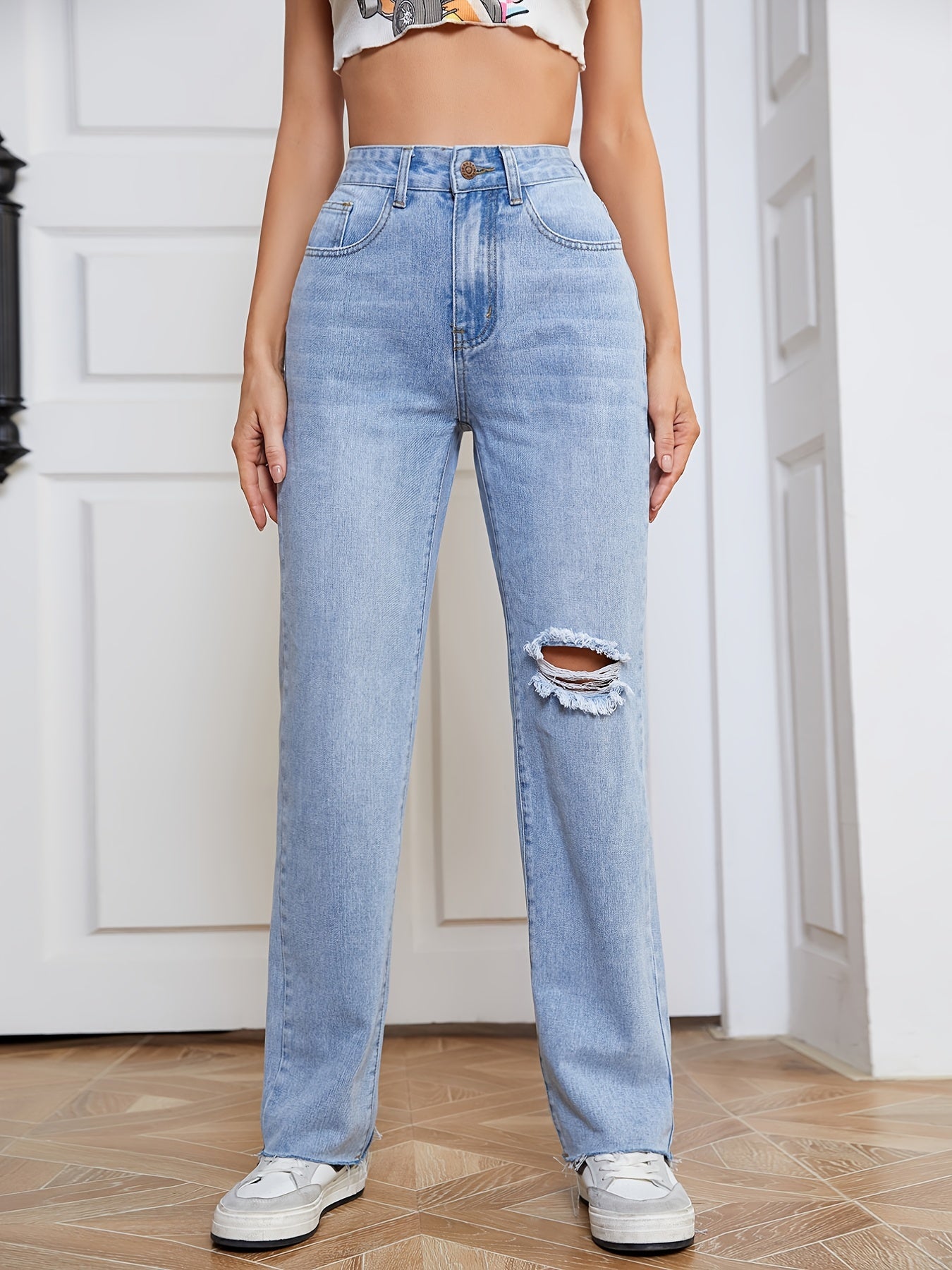 2025 gbolsos  Blue Raw Hem Straight Jeans, Ripped Loose Fit High Waist Slash Pockets High Rise Denim Pants, Women's Denim Jeans & Clothing