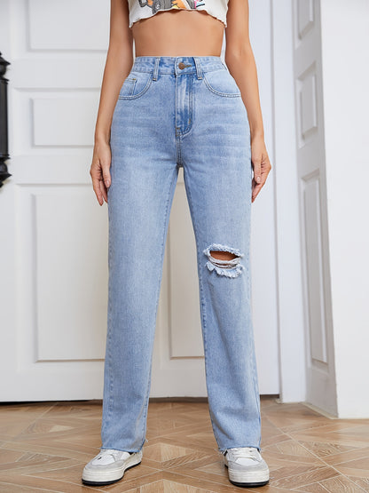 2025 gbolsos  Blue Raw Hem Straight Jeans, Ripped Loose Fit High Waist Slash Pockets High Rise Denim Pants, Women's Denim Jeans & Clothing