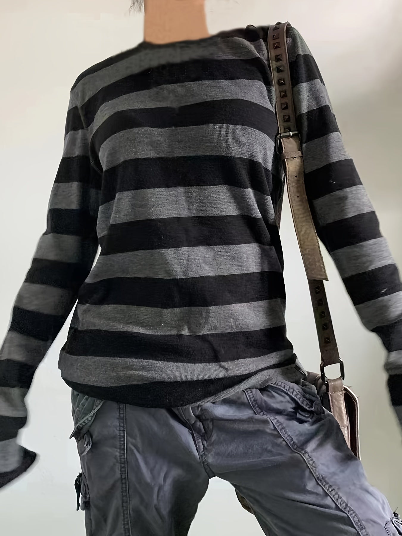 kkboxly  Casual Striped Long Sleeve T-Shirts, Striped T Shirts Crew Neck Tops, Women's Clothing