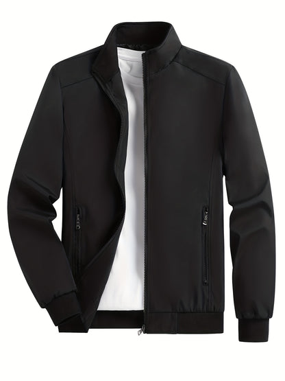 gbolsos  Men's Solid Color Zip-Up Stand Collar Jacket, Casual Loose Windbreaker Jacket For Sports Outdoors, Running