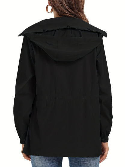 gbolsos  Solid Hooded Rain Jacket, Casual Zip Up Long Sleeve Outerwear, Women's Clothing