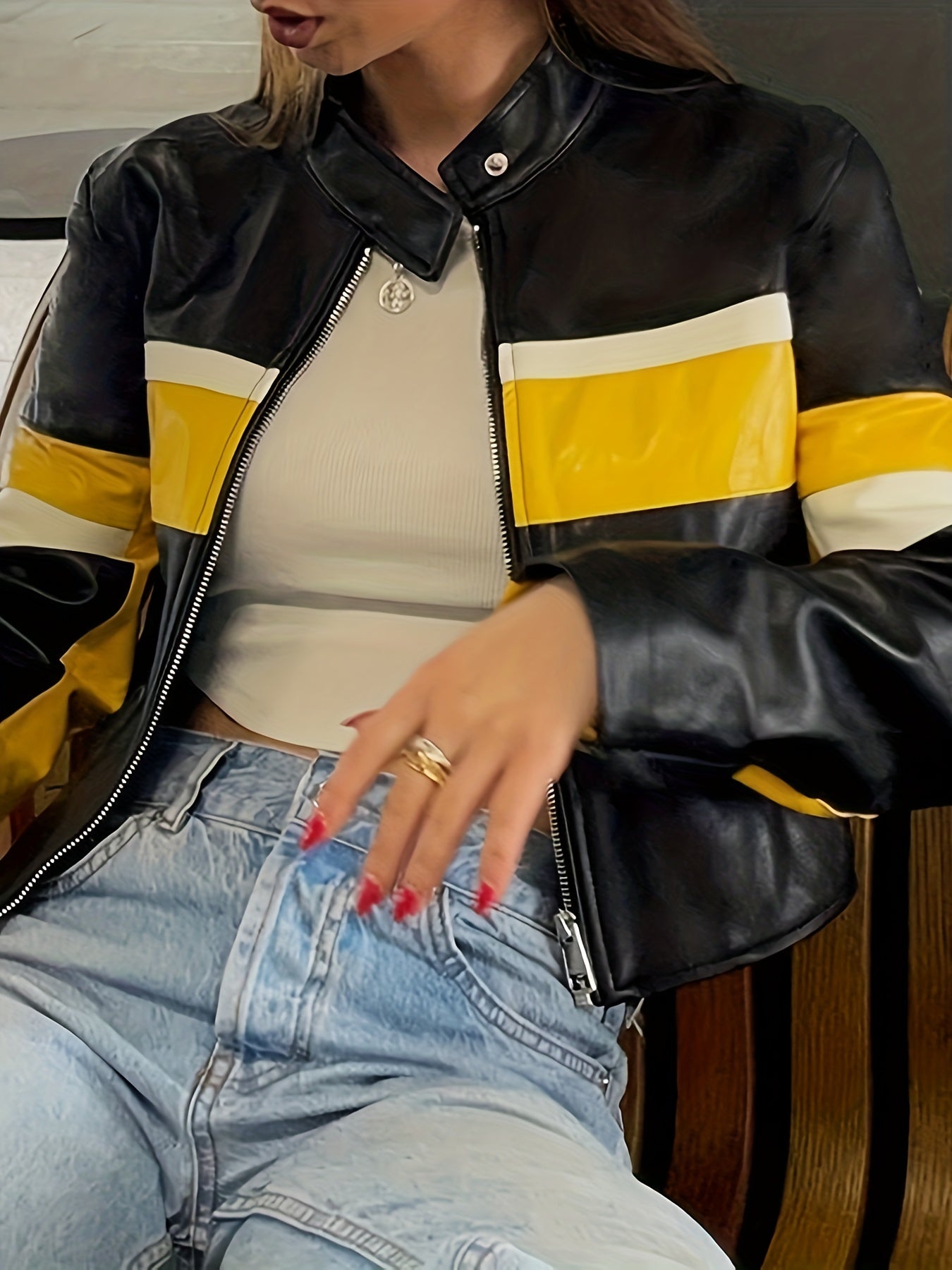 gbolsos  Leather Contrast Color Stitching  Zipper Motorcycle Style Jacket, Color Block Outdoor Sports Jacket, Women's Clothing