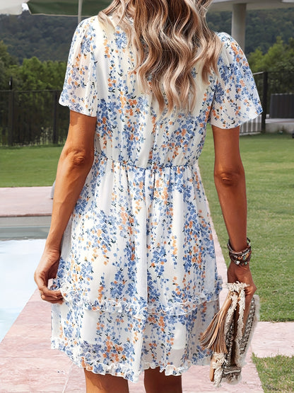 gbolsos  Floral Print V Neck Dress, Casual Flutter Sleeve Ruffle Trim Dress For Spring & Summer, Women's Clothing