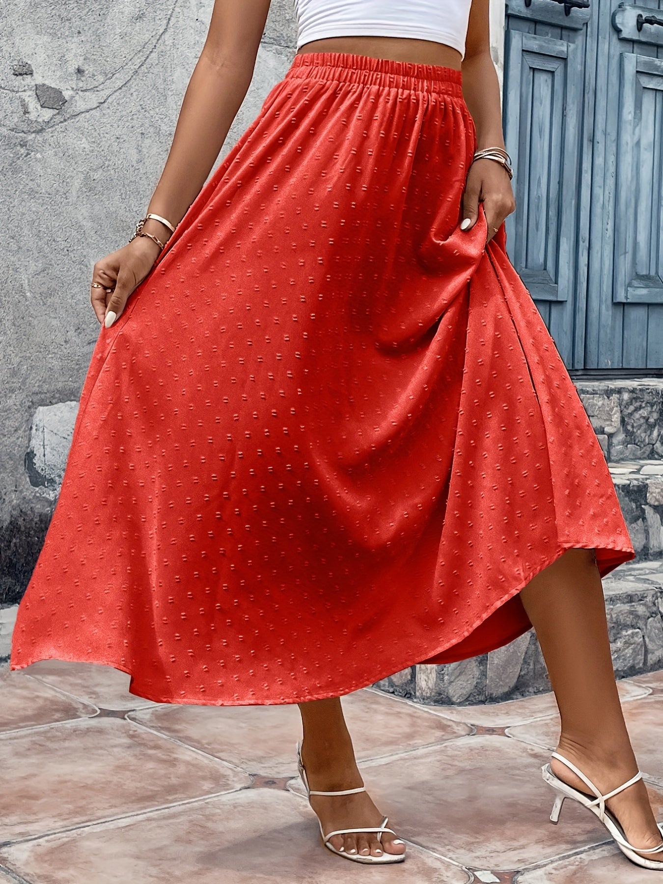 Swiss Dot Elastic Waist Skirt, Casual Ruffle Hem Skirt For Spring & Summer, Women's Clothing