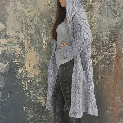 Chunky Knit Hooded Cardigan, Solid Long Open Front Sweater, Casual Cardigan For Fall & Winter, Women's Clothing
