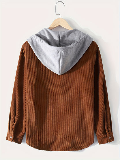 gbolsos  Corduroy Men's Casual Comfy Long Sleeve Hooded Shirt, Men's Fall Winter Color Block Outwear