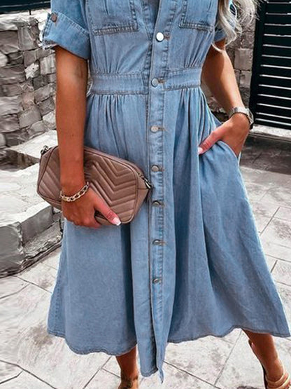 gbolsos  A-Line Flap Pockets Denim Dress, Rolled Sleeve Button Up V Neck Dress, Casual Lapel Denim Long Dress, Women's Denim Dress & Clothing