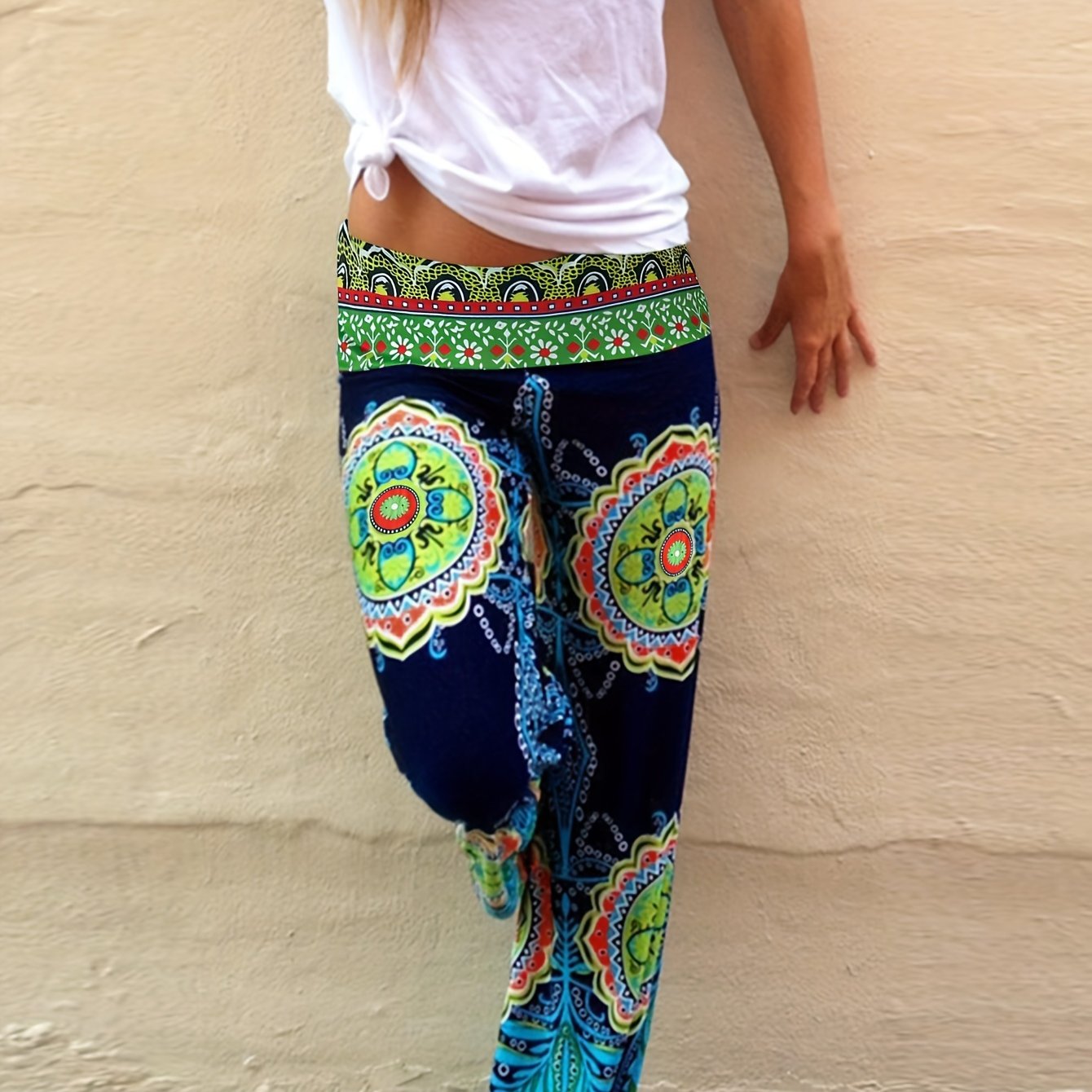 Floral Print Mid Waist Wide Leg Pants, Casual Beach Loose Summer Pants, Women's Clothing