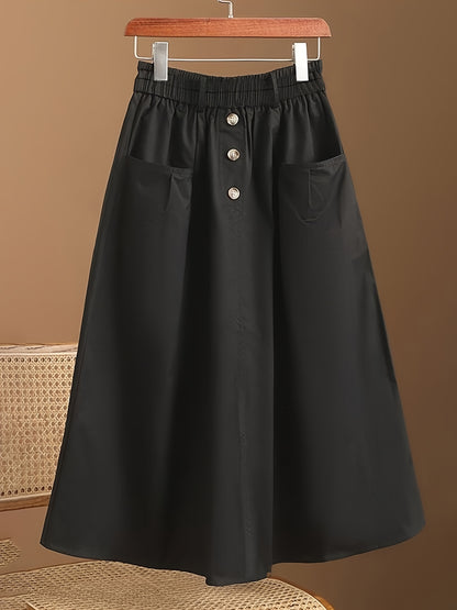 gbolsos  Solid Button Decor Pockets Skirt, Versatile Elastic Waist Skirt, Women's Clothing