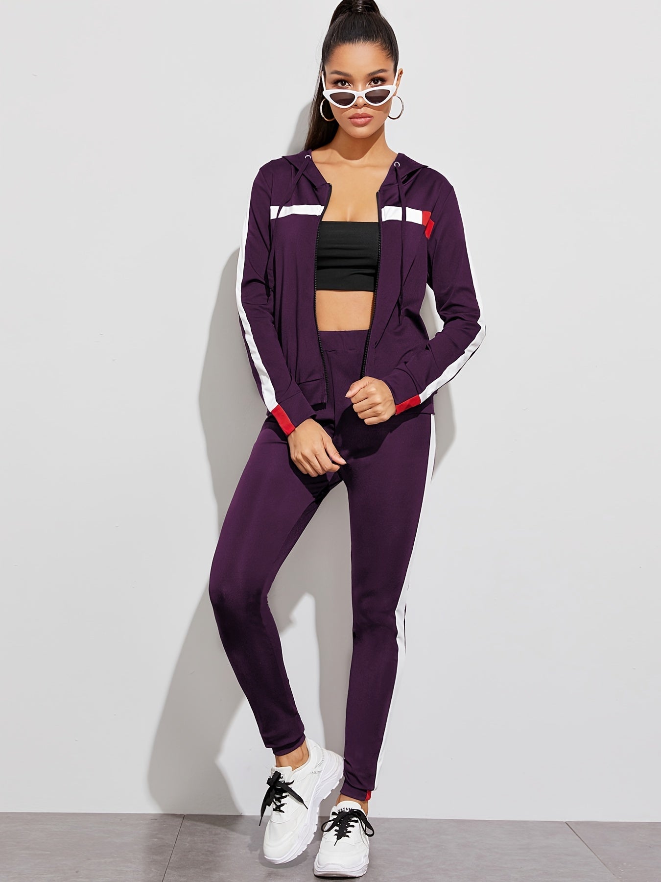 Casual 2pc Set, Zip Up Hoodies Sweatshirt & High Waist Side Striped Sweatpants, Women's Clothing