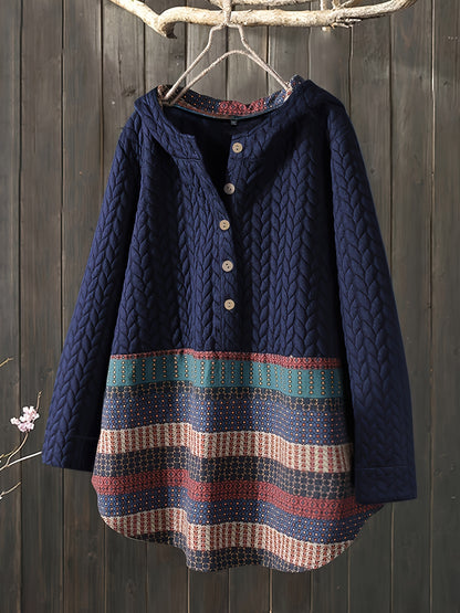 gbolsos  Tribal Print Long Sleeve Hooded Padded Jacket, Casual Button Front Loose Hem Outerwear, Women's Clothing