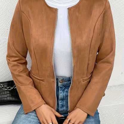 Plus Size Casual Coat, Women's Plus Solid Zip Up Long Sleeve Round Neck Jacket With Pockets