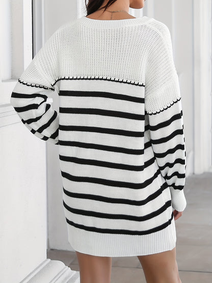 Striped V Neck Knitted Pullover Sweater, Casual Long Sleeve Sweater For Spring & Fall, Women's Clothing