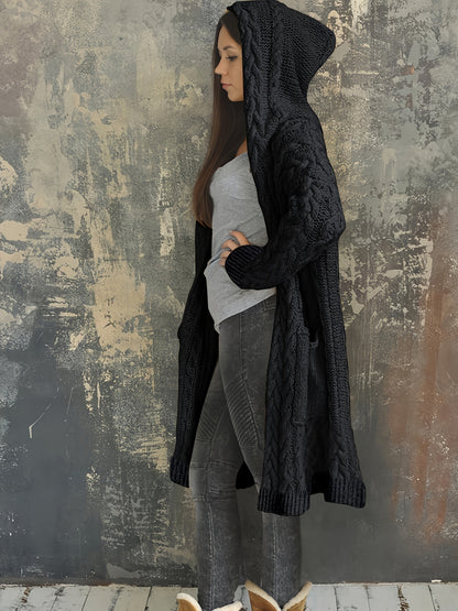 Chunky Knit Hooded Cardigan, Solid Long Open Front Sweater, Casual Cardigan For Fall & Winter, Women's Clothing