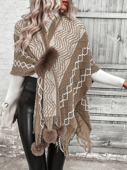 gbolsos  Open Front Pom & Fringe Hem Cardigan, Cape Sleeve Cardigan For Spring & Fall, Women's Clothing
