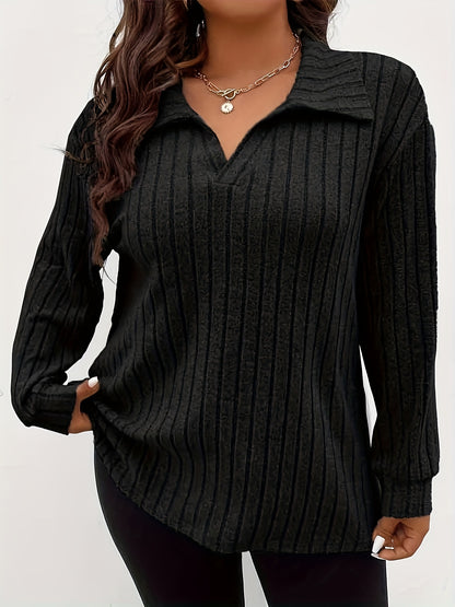 Plus Size Casual T-shirt, Women's Plus Solid Ribbed Long Sleeve Lapel Collar Slight Stretch T-shirt