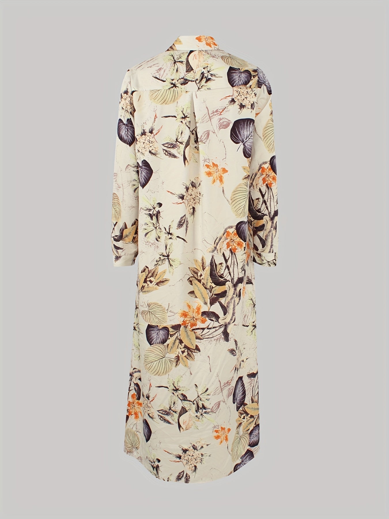 gbolsos  Leaves Print Single Button Dress, Versatile Long Sleeve Maxi Dress For Spring & Fall, Women's Clothing