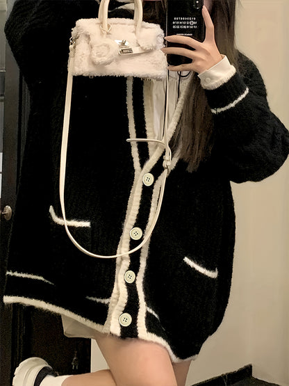 gbolsos  Contrast Trim Botton Up Cardigan, Casual Long Sleeve Pocket Loose Sweater For Fall & Winter, Women's Clothing
