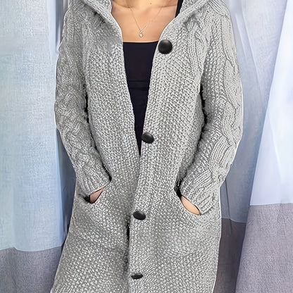 2025 gbolsos  Solid Button Front Hooded Cardigan, Casual Long Sleeve Sweater For Fall & Winter, Women's Clothing