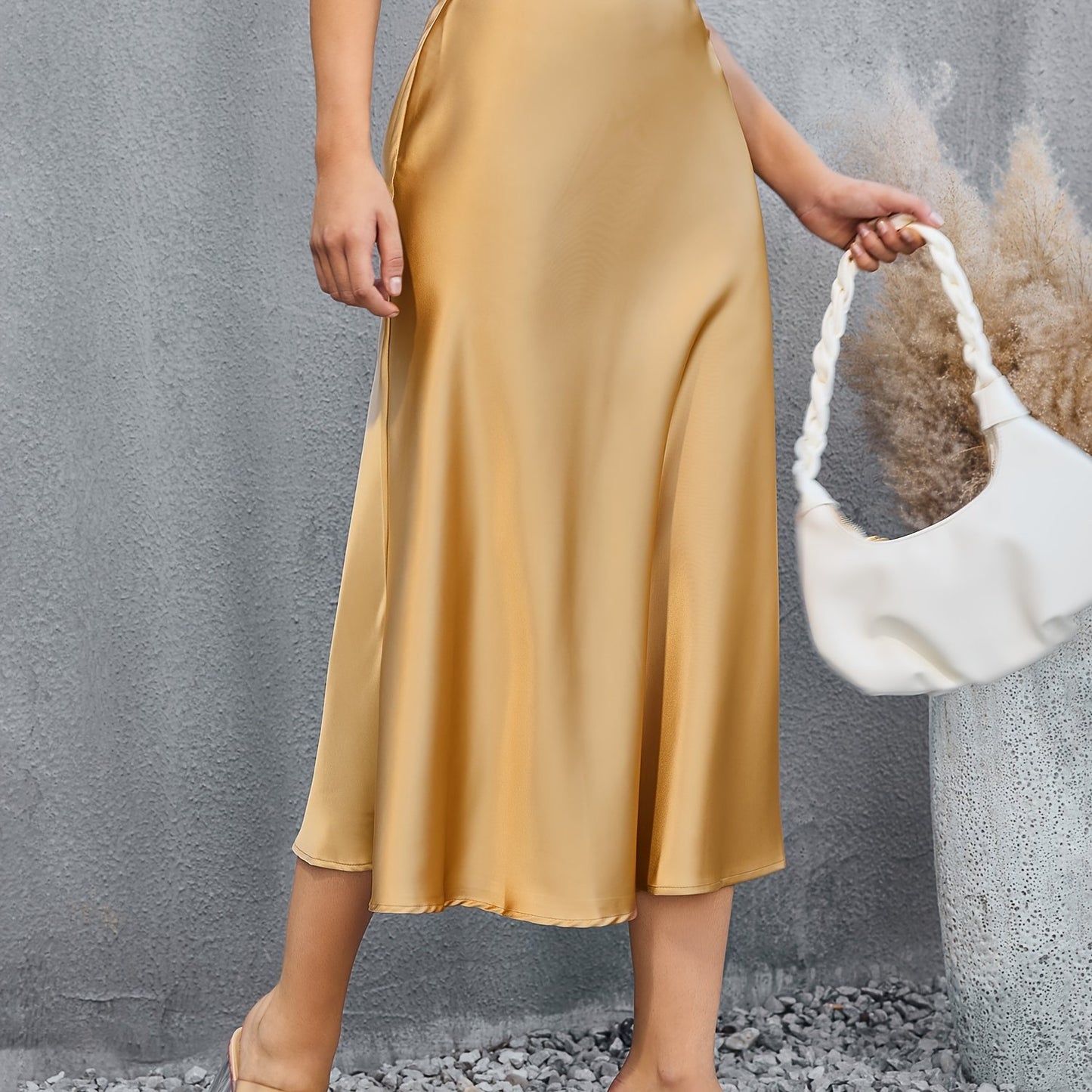 Satin Mid Length Skirts, Elegant Solid High Waist Party Skirts, Women's Clothing