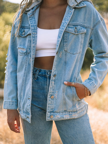 Blue Closure Button Denim Coats, Ripped Long Sleeve Distressed Flap Pockets Denim Jackets, Women's Denim Clothing