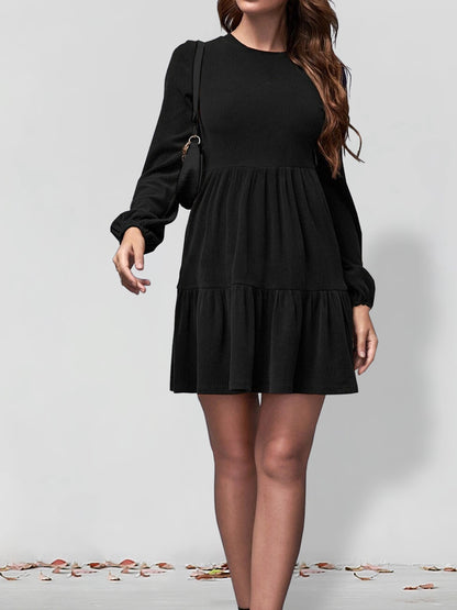 Solid Tiered Dress, Casual Crew Neck Long Sleeve Dress, Women's Clothing