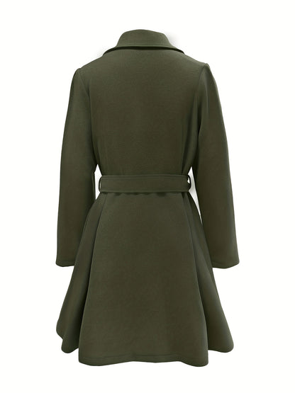 Tie Waist Lapel Coat, Solid Long Sleeve Casual Outwear For Winter & Fall, Women's Clothing